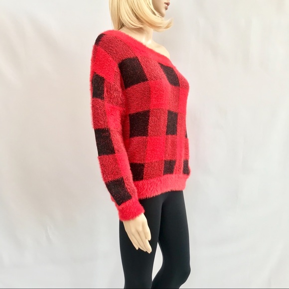 🔥NWT Express Red & Black Off-The-Shoulder Sweater - Picture 7 of 8